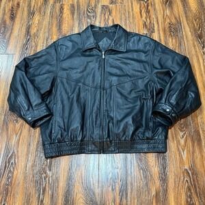 Men's Size XL Black Genuine Leather Bomber Motorcycle Jacket Coat Roundtree‎